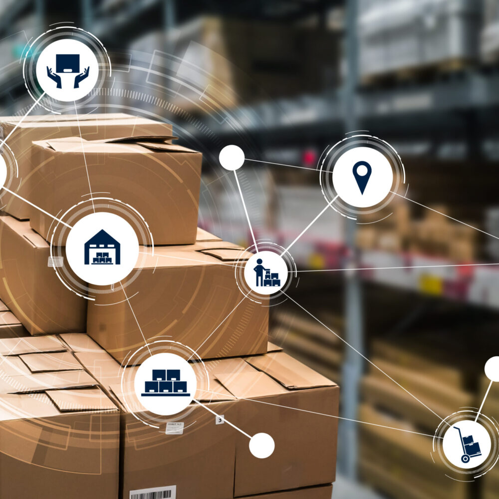 Smart warehouse management system with innovative internet of things technology to identify package picking and delivery . Future concept of supply chain and logistic network business .